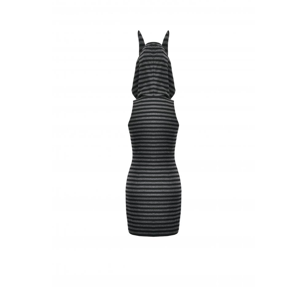 Darkinlove Women's Punk Front Zip Striped Dress with Hood