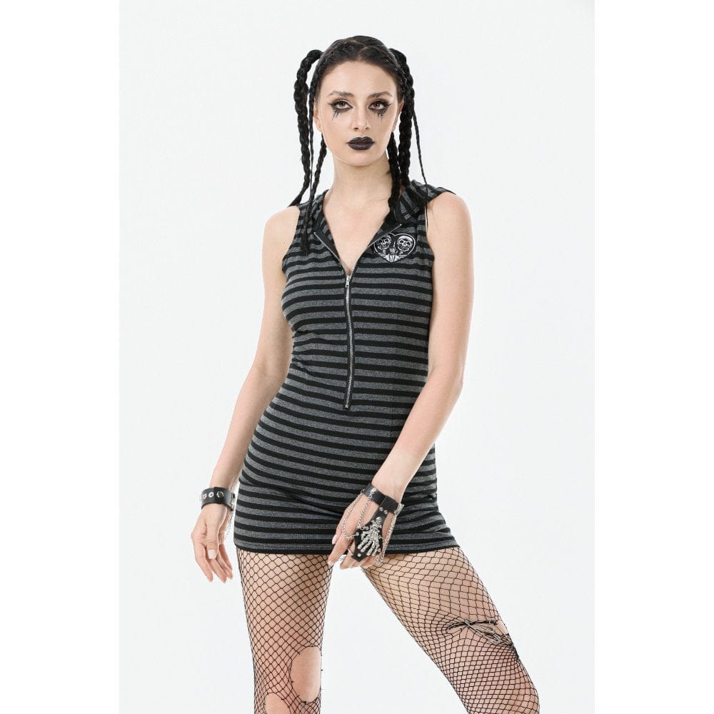 Darkinlove Women's Punk Front Zip Striped Dress with Hood