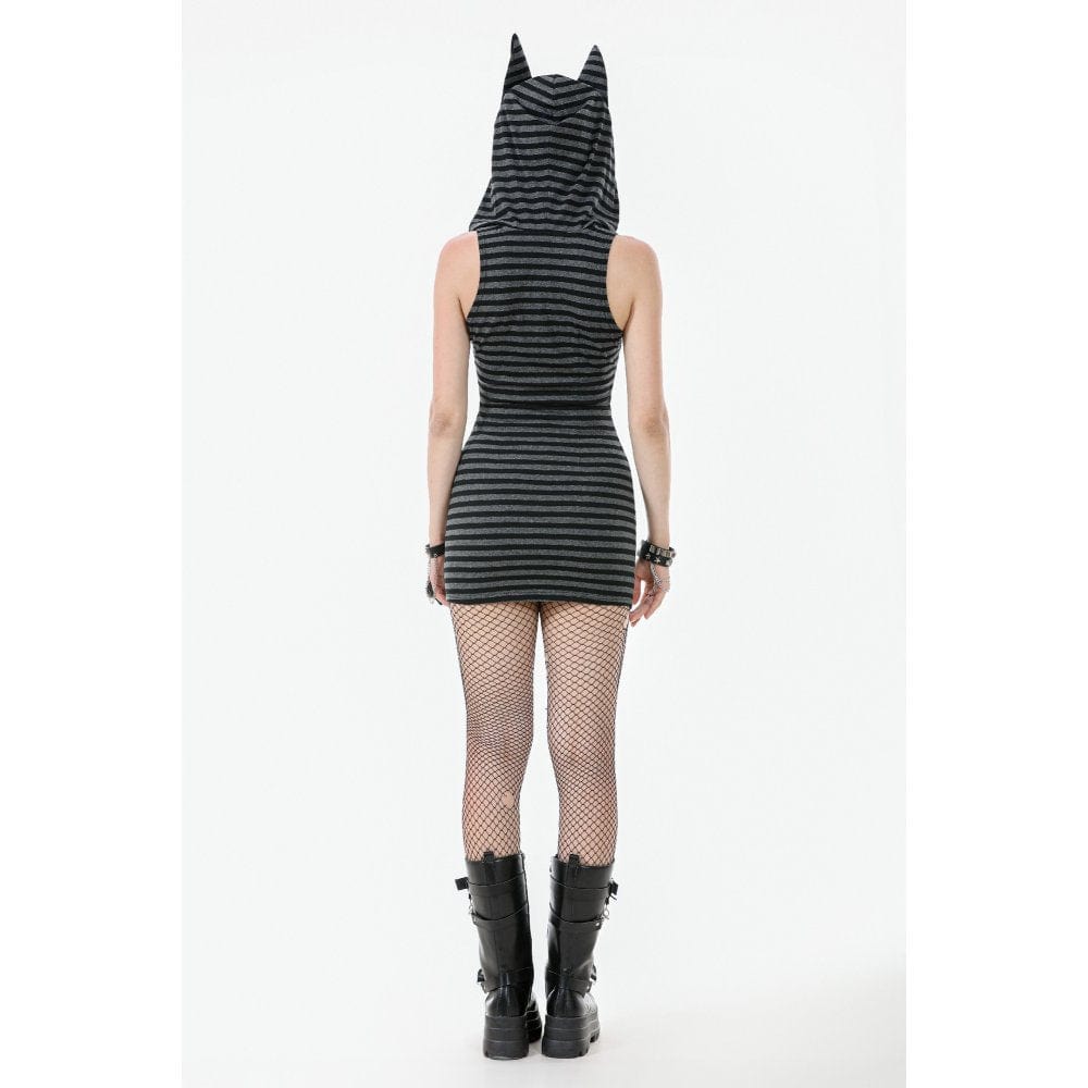 Darkinlove Women's Punk Front Zip Striped Dress with Hood
