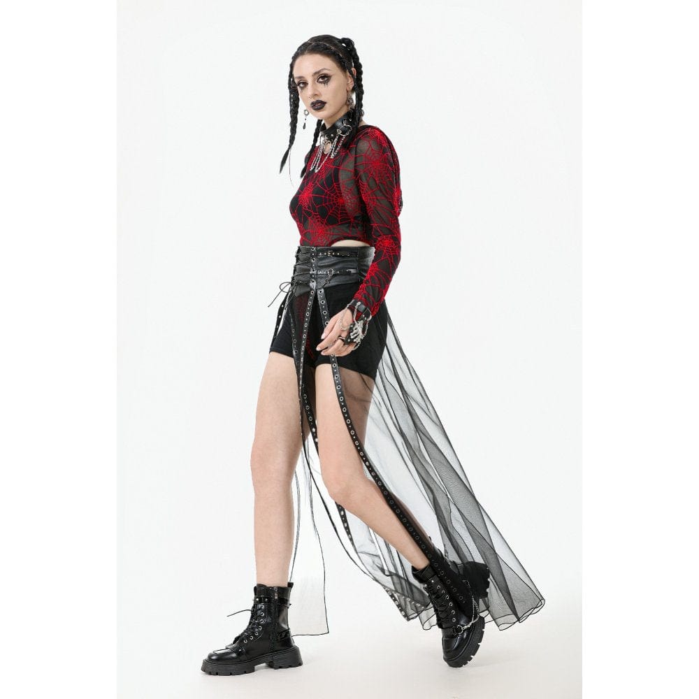 Darkinlove Women's Punk High-waisted Faux Leather Straps Sheer Mesh Maxi Skirt