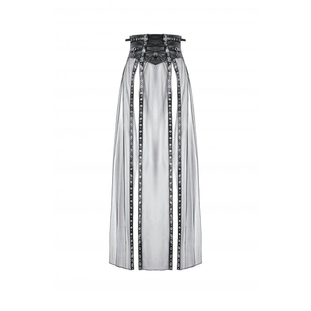 Darkinlove Women's Punk High-waisted Faux Leather Straps Sheer Mesh Maxi Skirt
