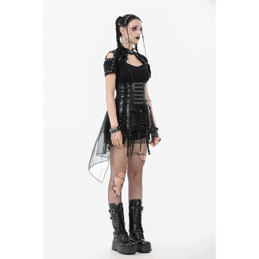 Darkinlove Women's Punk High-waisted Lacing-up High/low Mesh Skirt