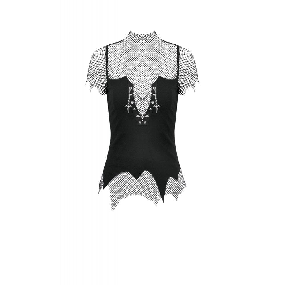 Darkinlove Women's Punk Irregular Cross Chain Mesh Top
