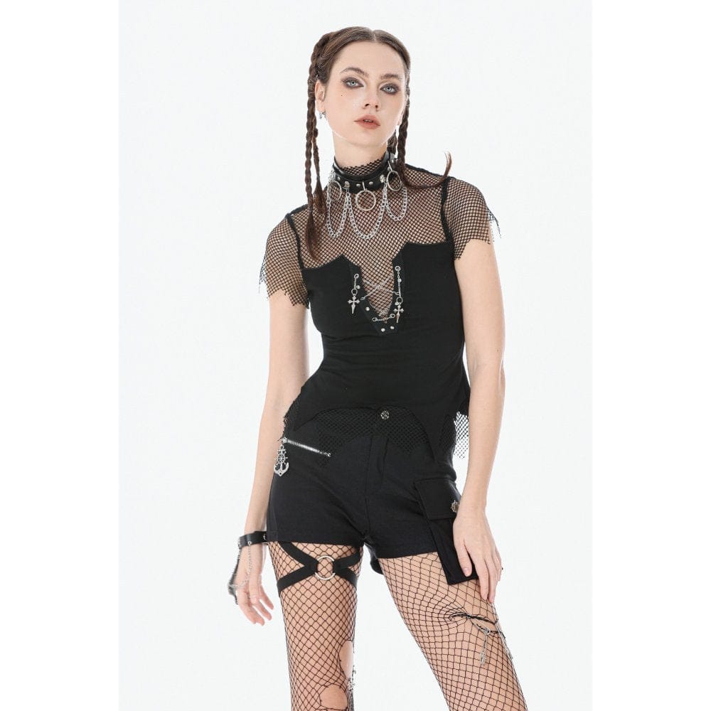 Darkinlove Women's Punk Irregular Cross Chain Mesh Top