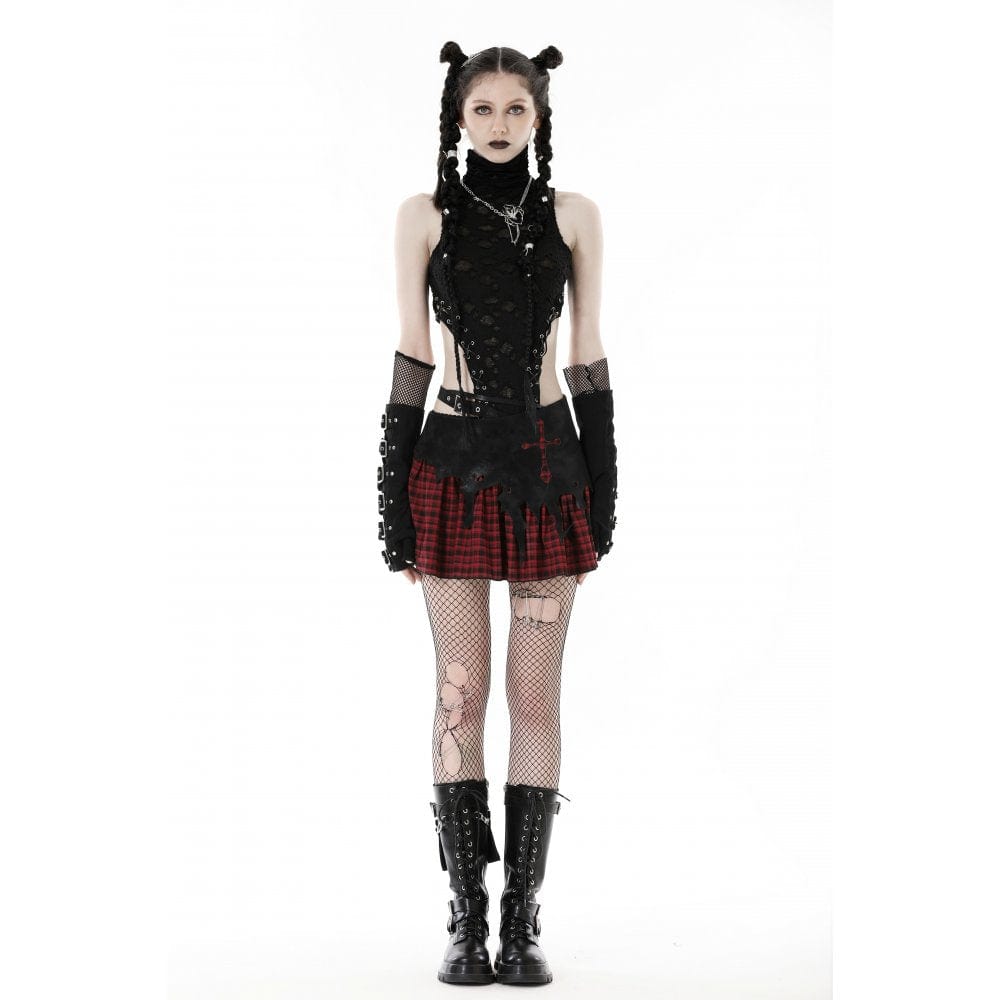 Darkinlove Women's Punk Irregular Faux Leather Splice Plaid Skirt