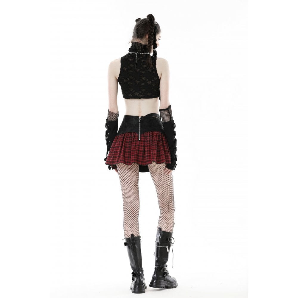 Darkinlove Women's Punk Irregular Faux Leather Splice Plaid Skirt