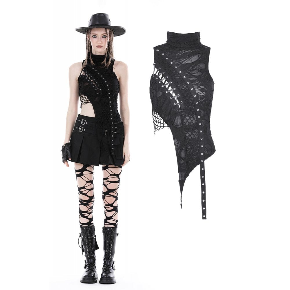 Darkinlove Women's Punk Irregular Turtleneck Ripped Tank Top