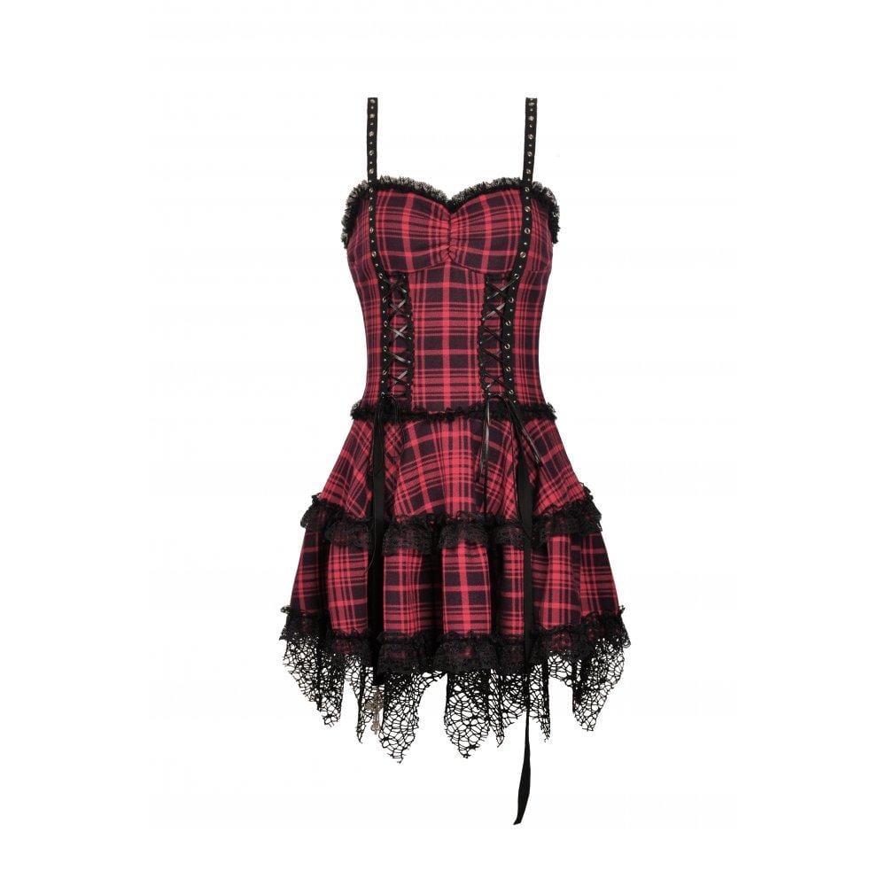 Darkinlove Women's Punk Lace Hem Plaid Layered Slip Dress