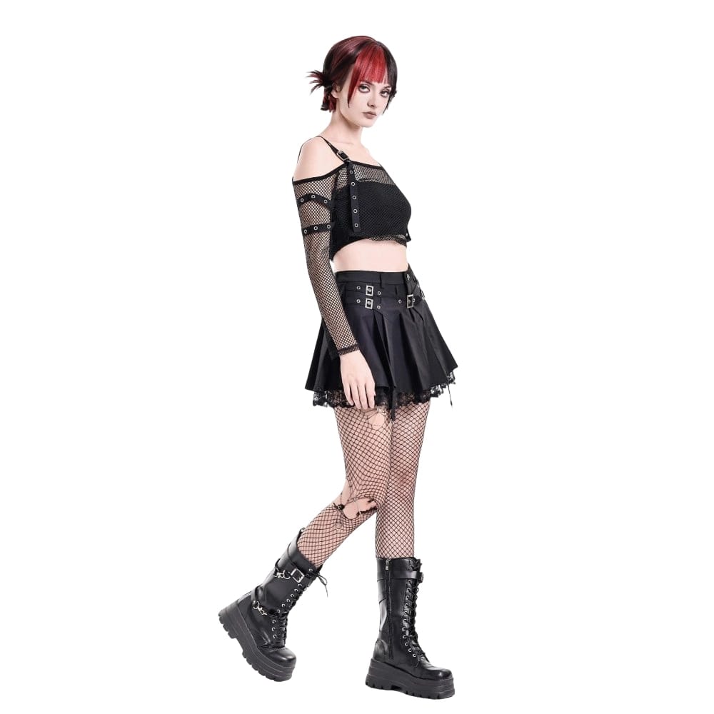 Darkinlove Women's Punk Lace Patchwork Buckle Strap Pleated Skirt