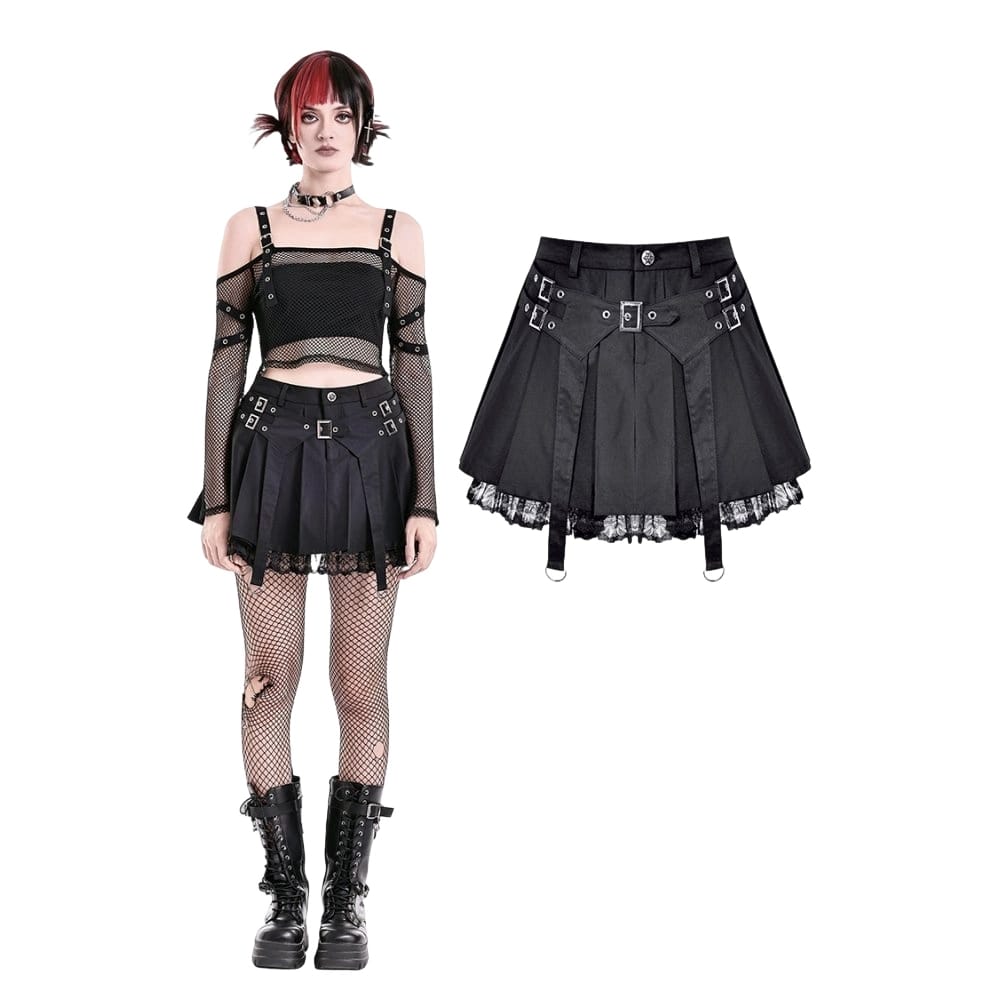 Darkinlove Women's Punk Lace Patchwork Buckle Strap Pleated Skirt