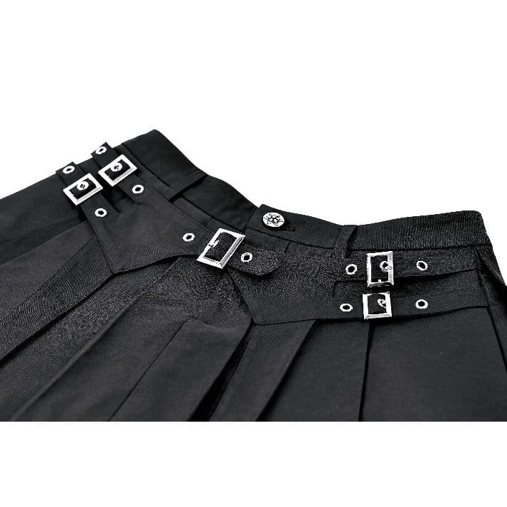 Darkinlove Women's Punk Lace Patchwork Buckle Strap Pleated Skirt