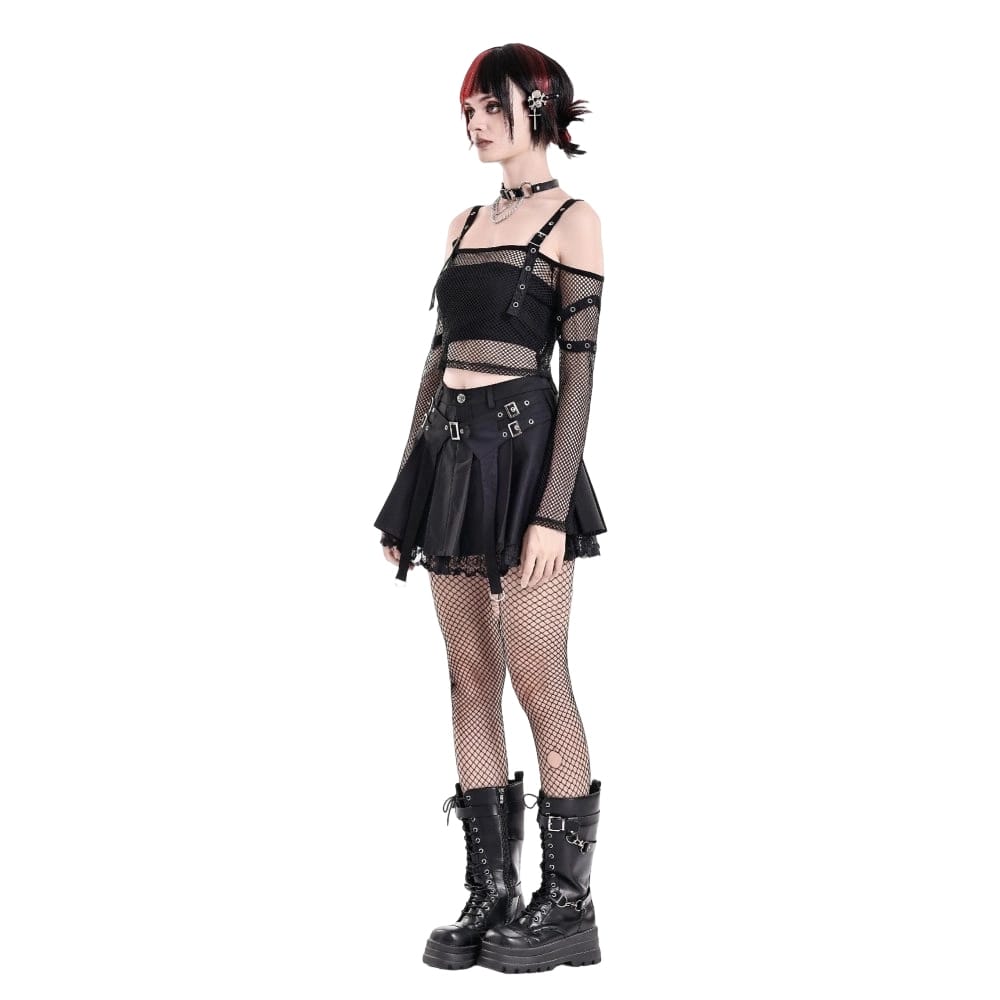 Darkinlove Women's Punk Lace Patchwork Buckle Strap Pleated Skirt