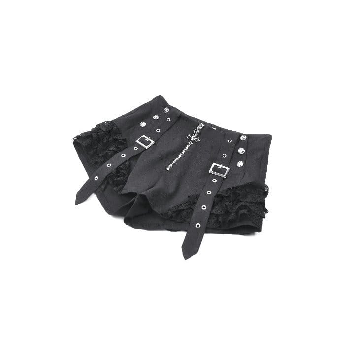 Darkinlove Women's Punk Lace Patchwork Buckle Straps Zipper Shorts
