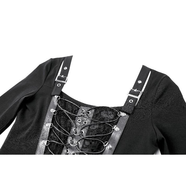 Darkinlove Women's Punk Lace-up Buckle Strap Square-cut Collar Long Sleeve Top