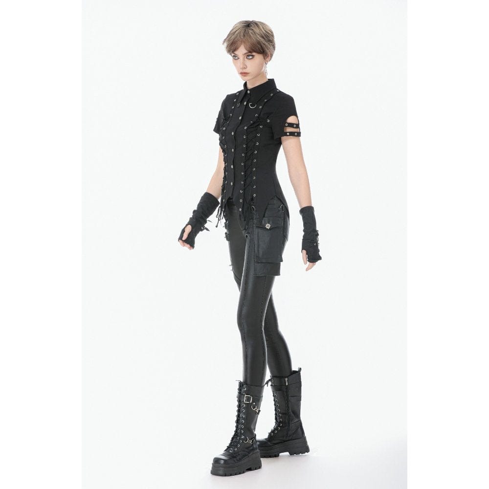 Darkinlove Women's Punk Lace-up Eyelets Turn-down Collar Shirt