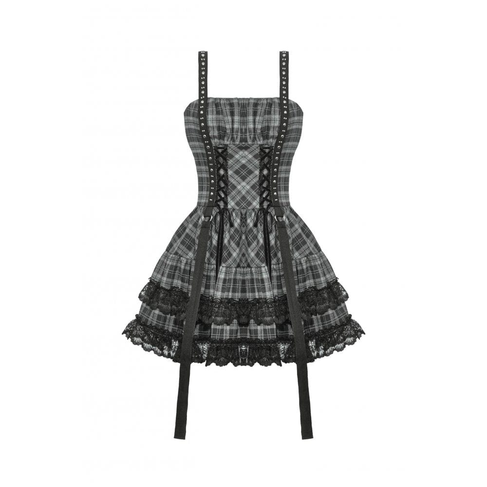 Darkinlove Women's Punk Layered Lace Hem Plaid Party Slip Dress