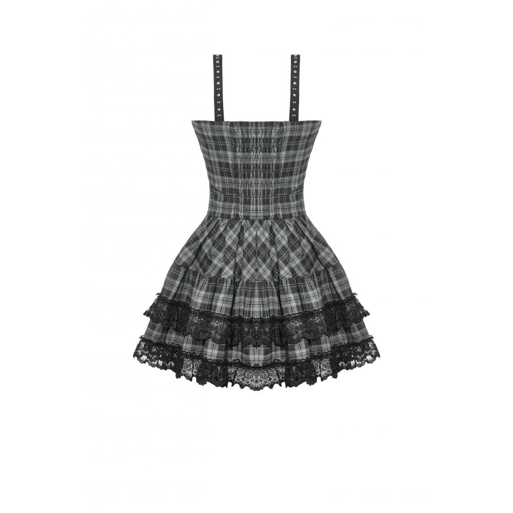 Darkinlove Women's Punk Layered Lace Hem Plaid Party Slip Dress