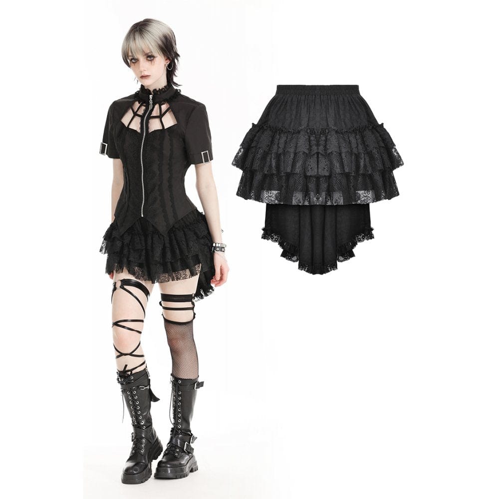 Darkinlove Women's Punk Layered Lace Skirt with Detachable Swallow Tail