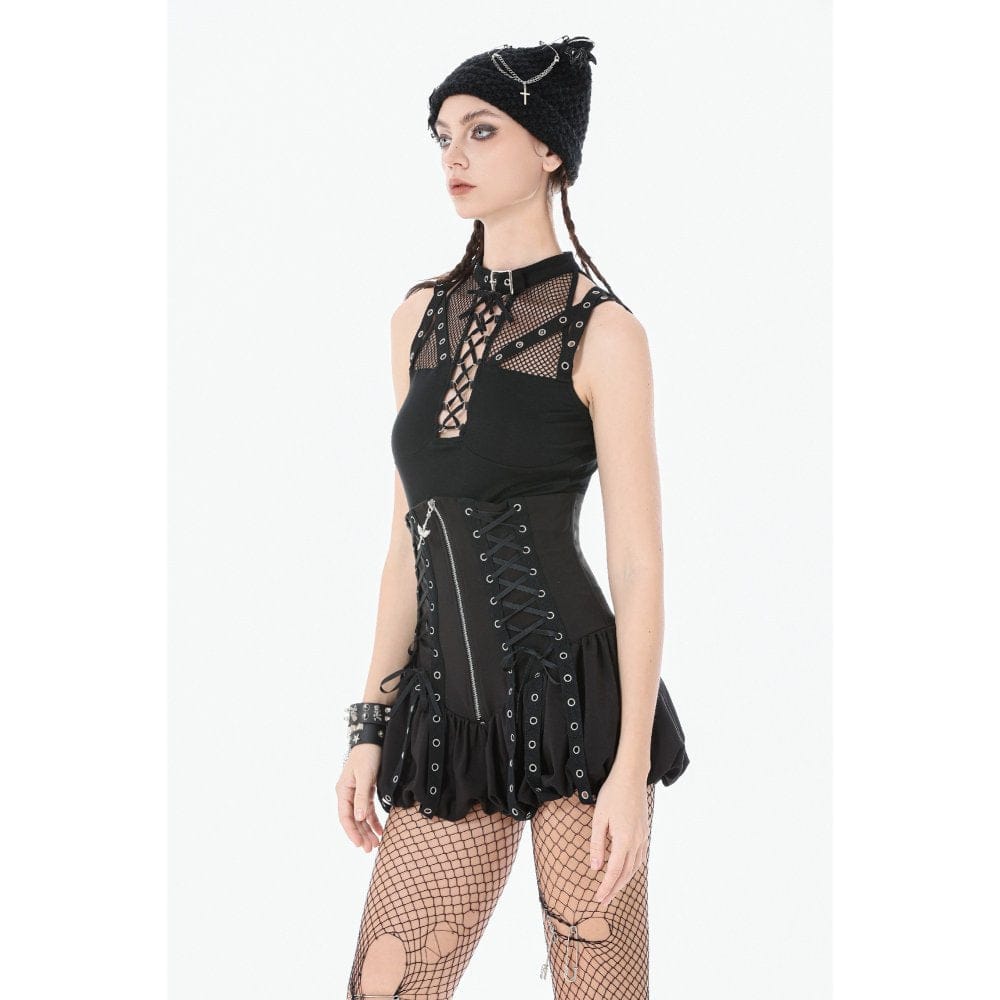 Darkinlove Women's Punk Mesh Splice Eyelet Strap Cutout Tank Top