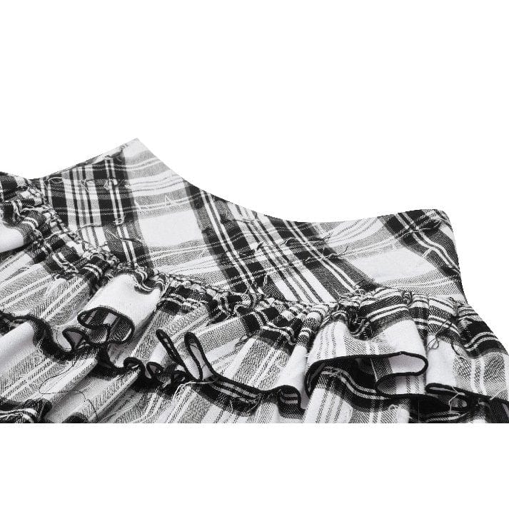 Darkinlove Women's Punk Mesh Splice Plaid Pleated Skirt