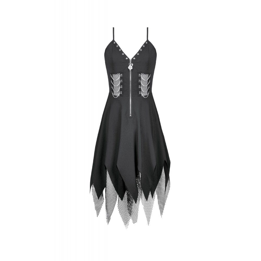 Darkinlove Women's Punk Mesh Splice Rivet Chained Slip Dress