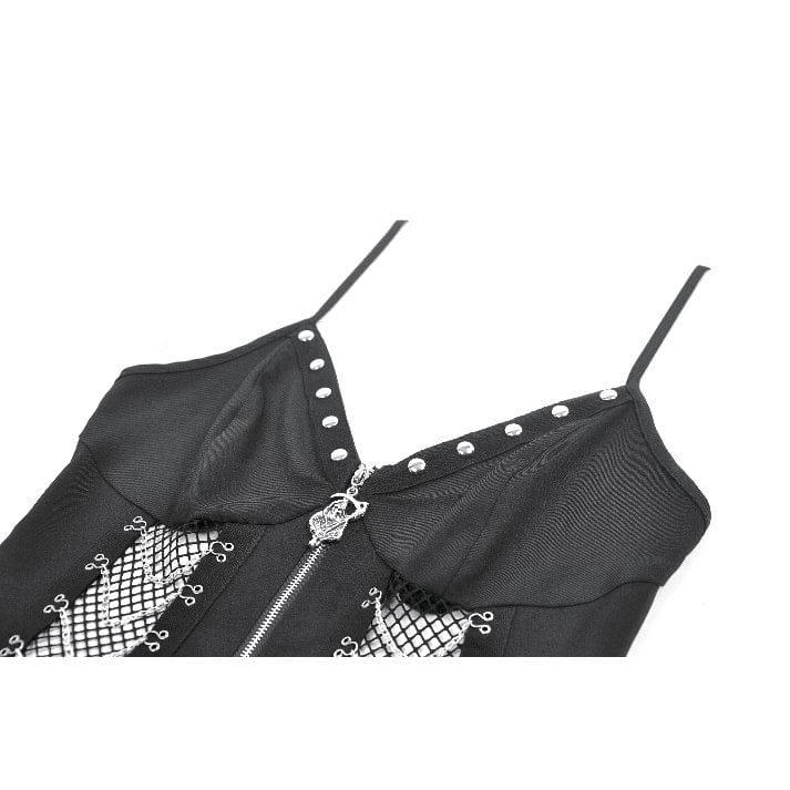 Darkinlove Women's Punk Mesh Splice Rivet Chained Slip Dress