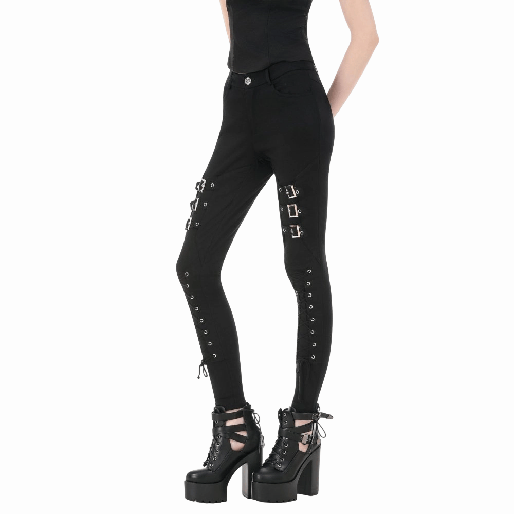 Darkinlove Women's Punk Multilayer Buckle Straps Lace-up Pants