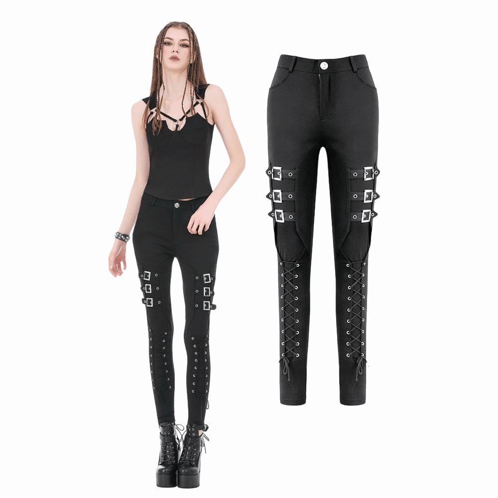 Darkinlove Women's Punk Multilayer Buckle Straps Lace-up Pants