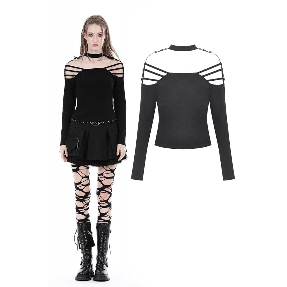 Darkinlove Women's Punk Off Shoulder Buckle Blouse