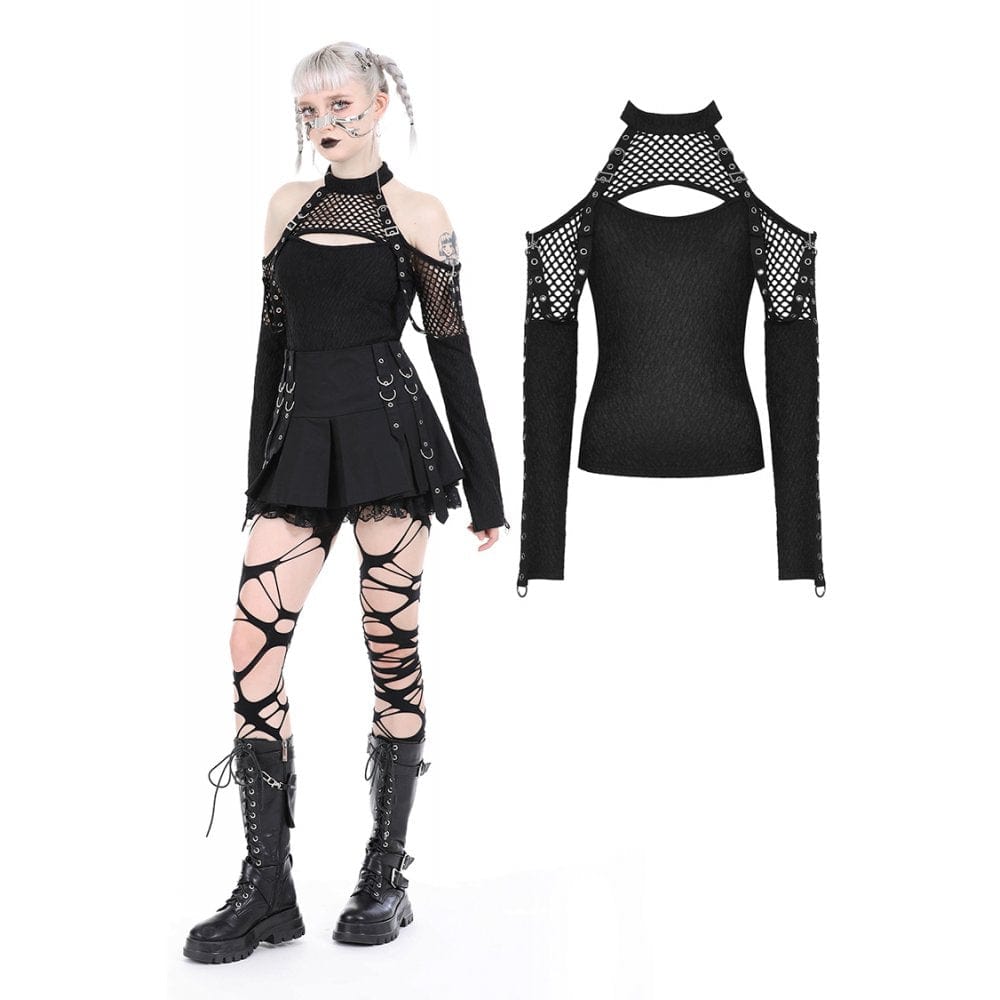 Darkinlove Women's Punk Off Shoulder Mesh Splice Shirt