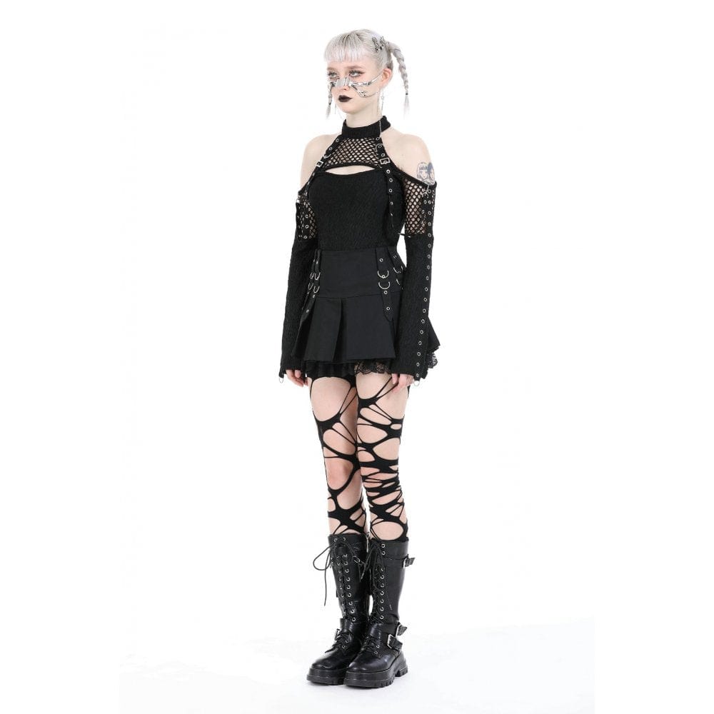 Darkinlove Women's Punk Off Shoulder Mesh Splice Shirt