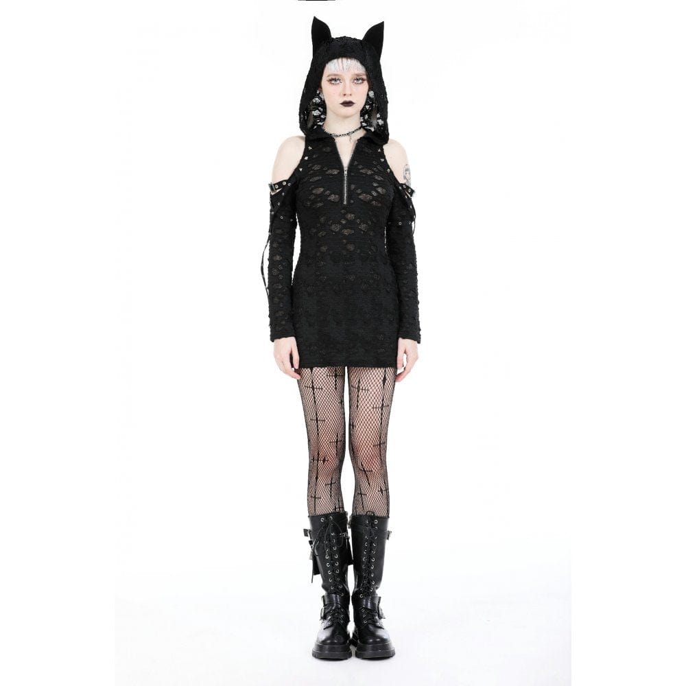 Darkinlove Women's Punk Off Shoulder Ripped Dress with Hood
