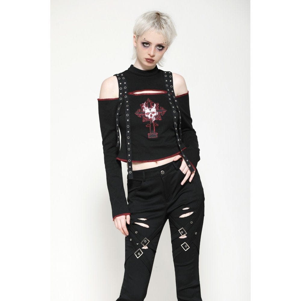 Darkinlove Women's Punk Off-the-Shoulder Eyelet Strap Crop Top