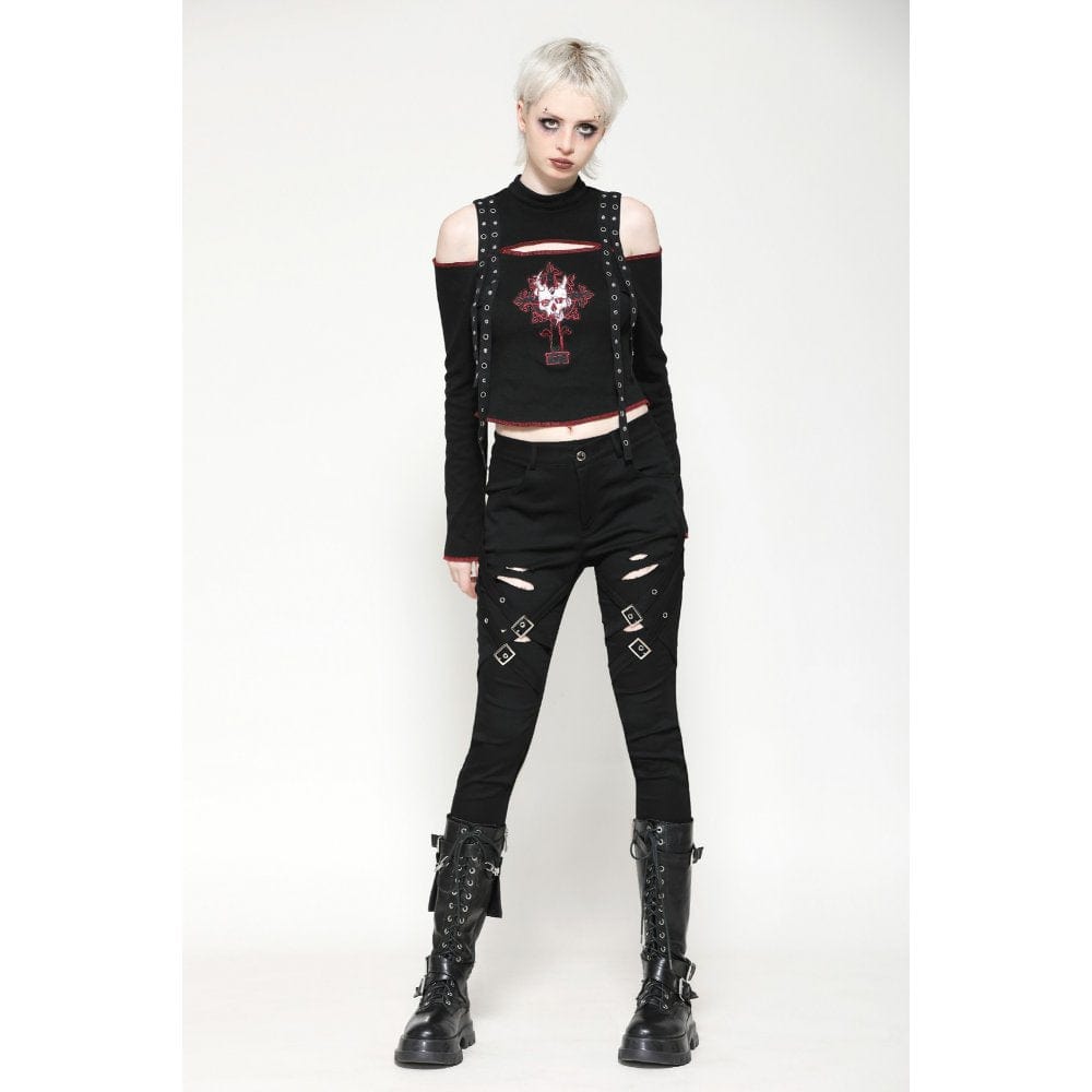 Darkinlove Women's Punk Off-the-Shoulder Eyelet Strap Crop Top