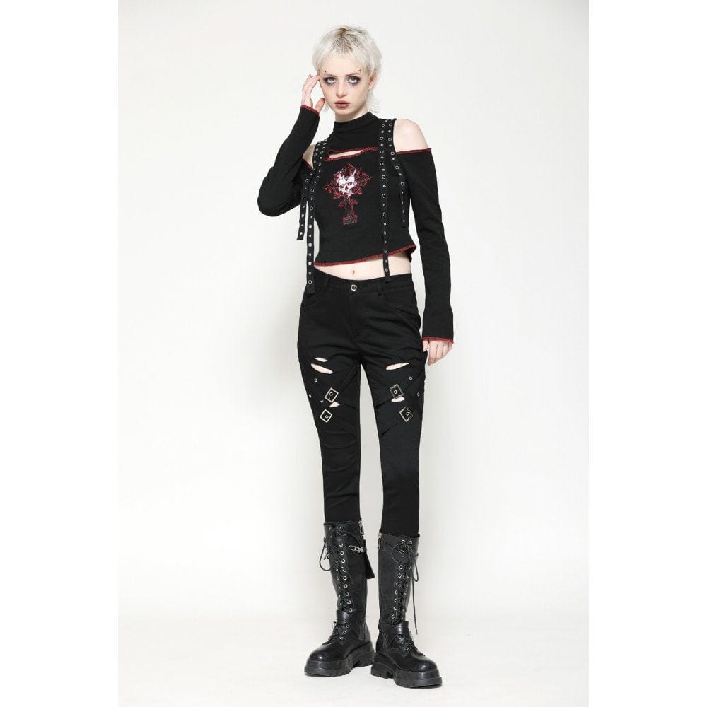 Darkinlove Women's Punk Off-the-Shoulder Eyelet Strap Crop Top