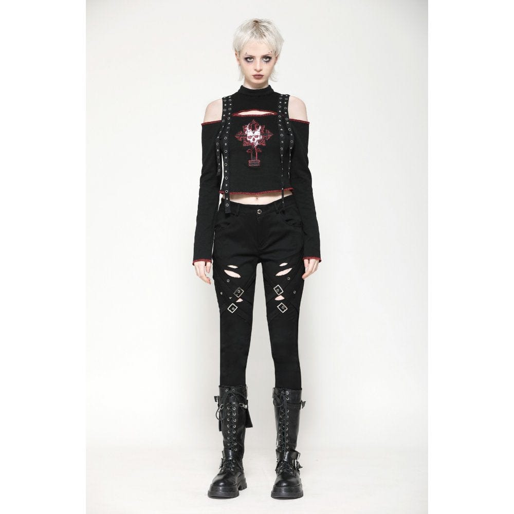 Darkinlove Women's Punk Off-the-Shoulder Eyelet Strap Crop Top