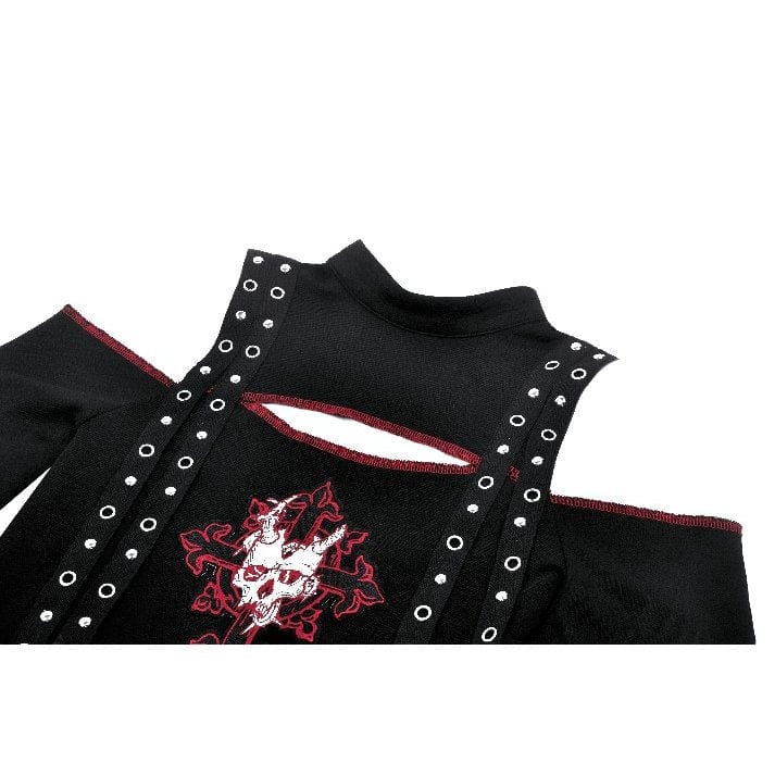 Darkinlove Women's Punk Off-the-Shoulder Eyelet Strap Crop Top