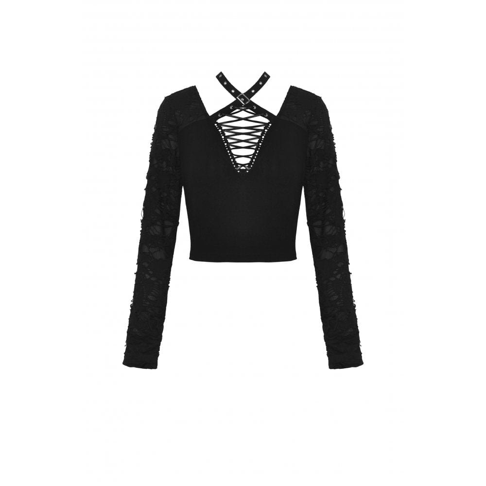 Darkinlove Women's Punk Plunging Eyelet Ripped Crop Top