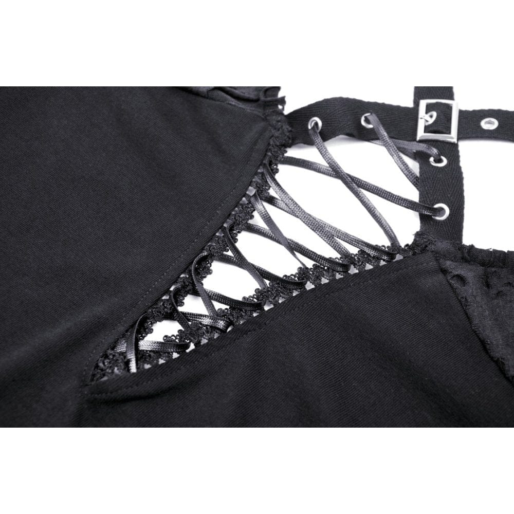 Darkinlove Women's Punk Plunging Eyelet Ripped Crop Top