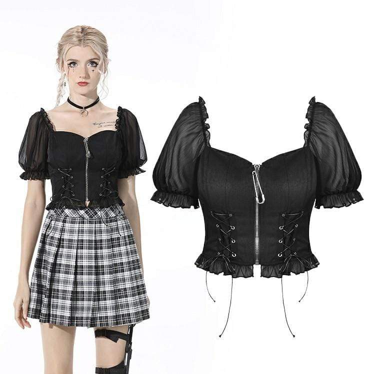 Darkinlove Women's Punk Puff Sleeved Zipped Black Crop Top