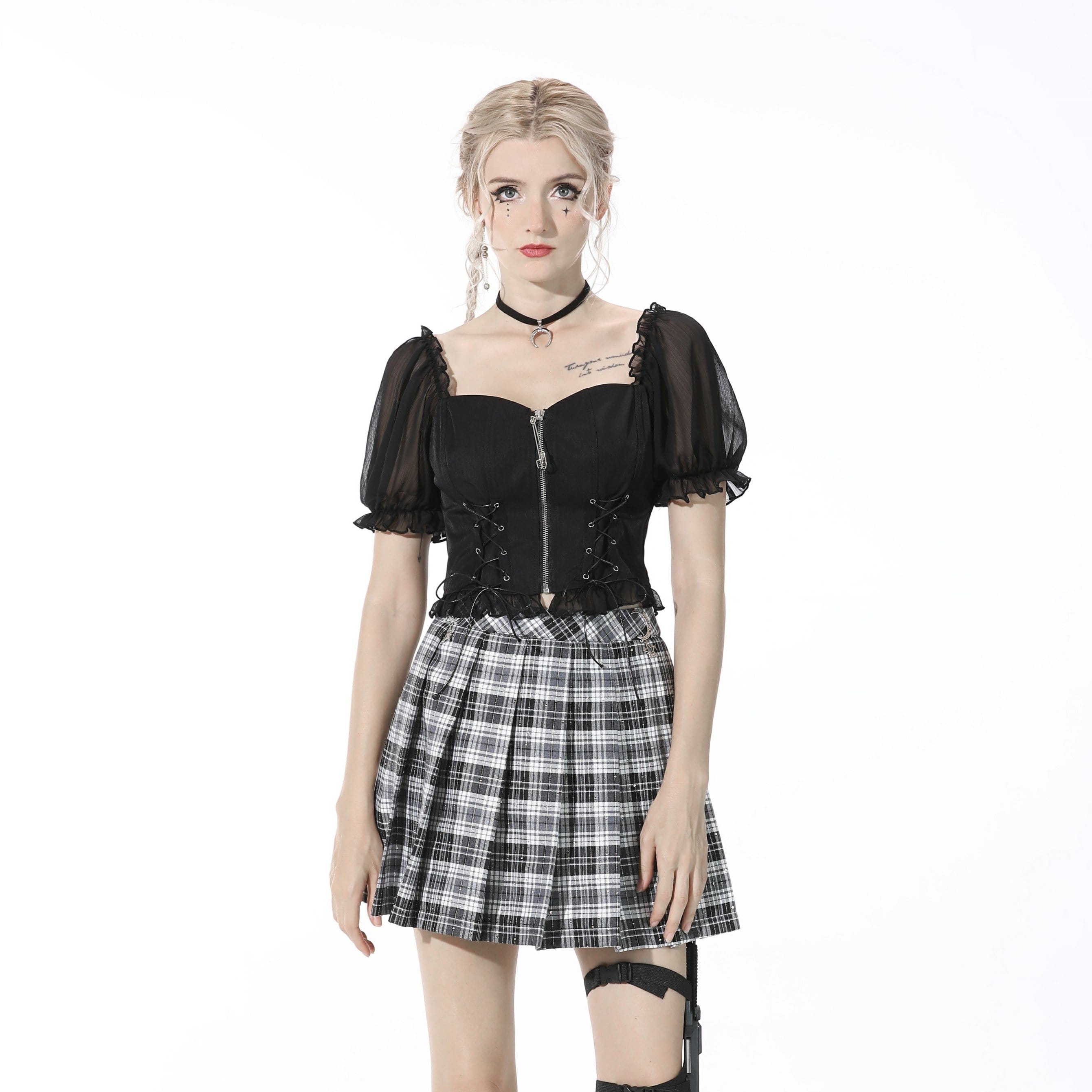 Darkinlove Women's Punk Puff Sleeved Zipped Black Crop Top