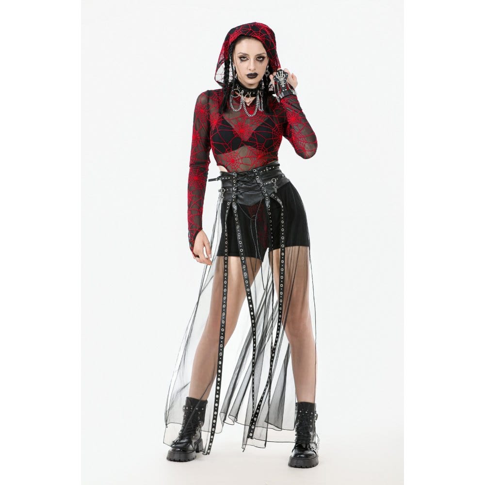 Darkinlove Women's Punk Red Spider Web Bodysuit with Hood