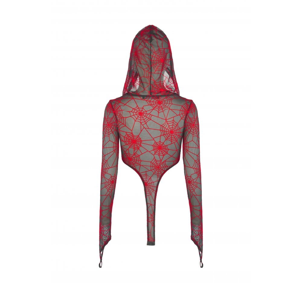 Darkinlove Women's Punk Red Spider Web Bodysuit with Hood