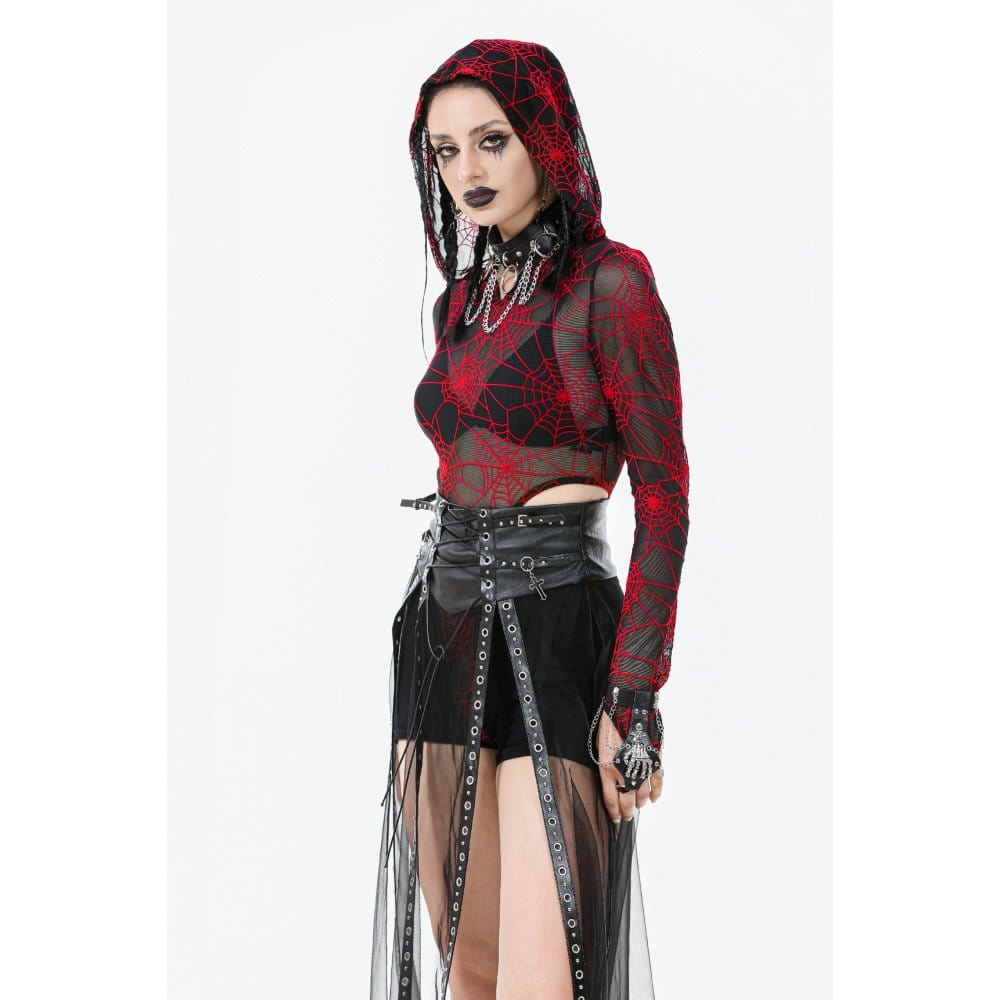 Darkinlove Women's Punk Red Spider Web Bodysuit with Hood