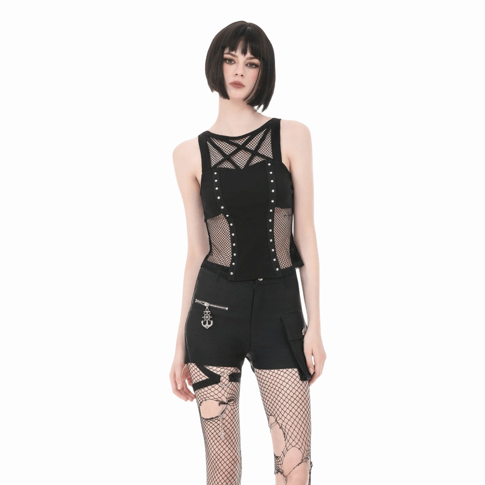 Darkinlove Women's Punk Rivet Pentagram Mesh Splice Tank Top