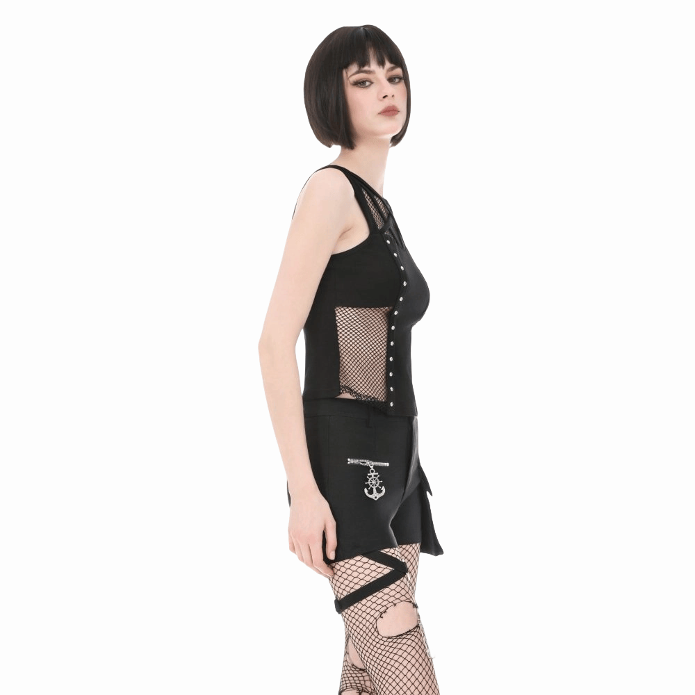 Darkinlove Women's Punk Rivet Pentagram Mesh Splice Tank Top