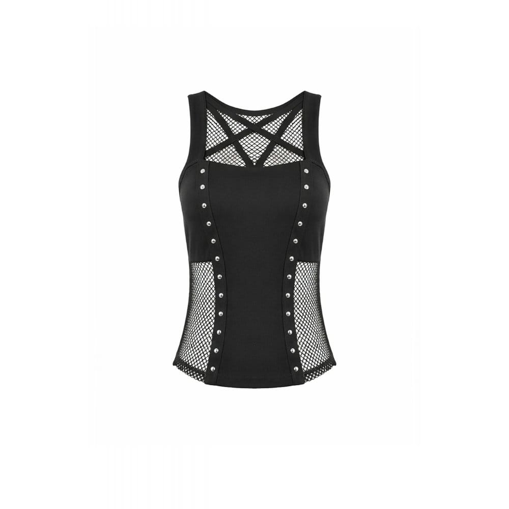 Darkinlove Women's Punk Rivet Pentagram Mesh Splice Tank Top