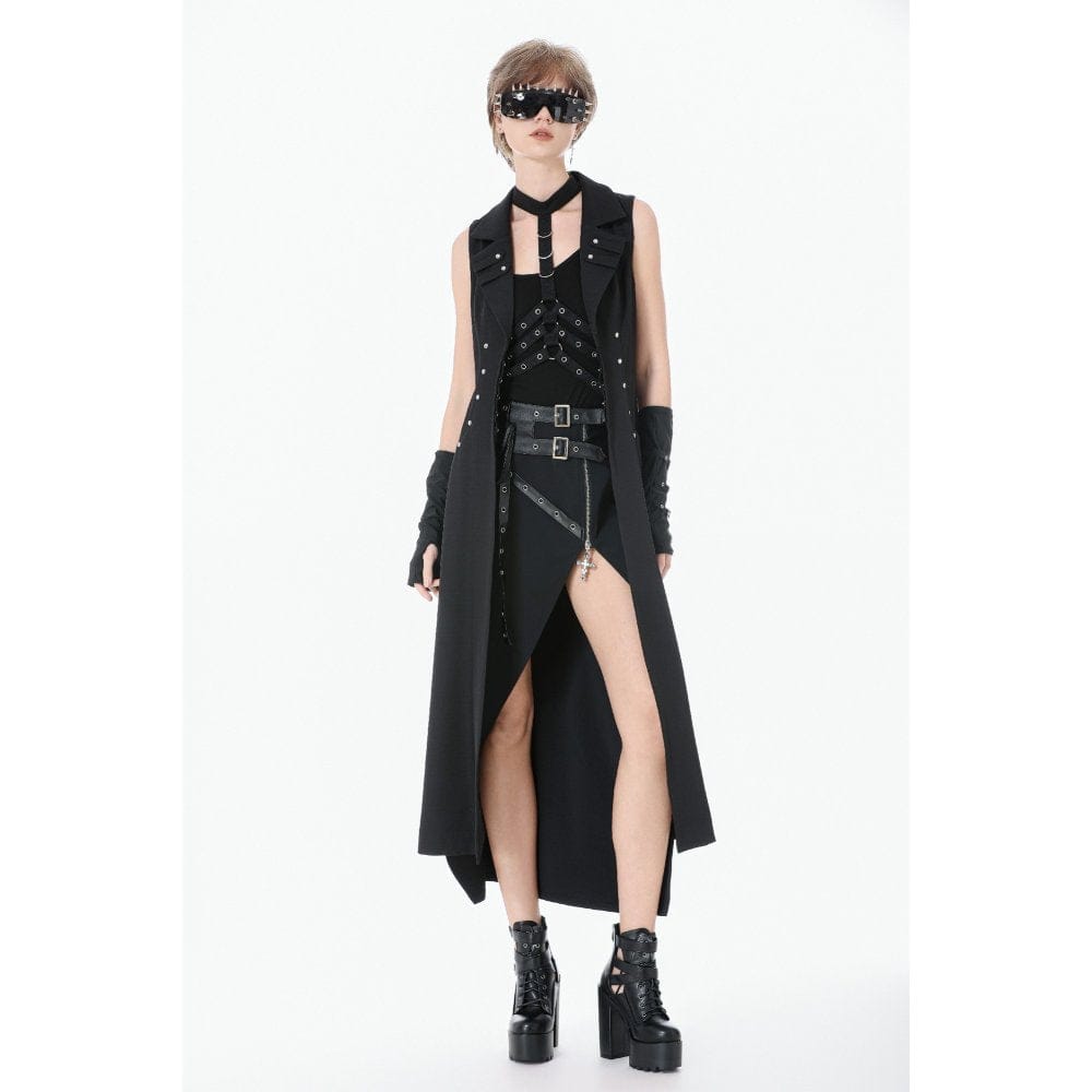 Darkinlove Women's Punk Rivets Lapel Sleeveless Long Coat