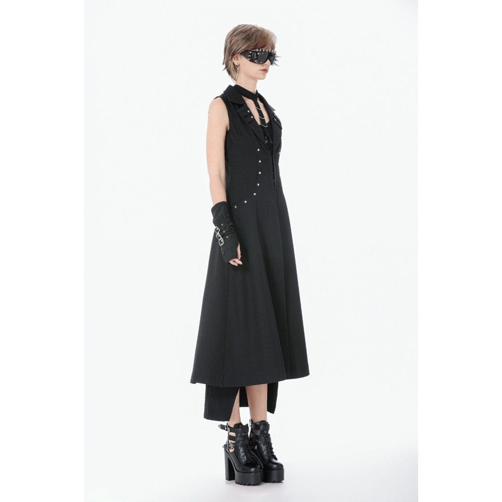 Darkinlove Women's Punk Rivets Lapel Sleeveless Long Coat