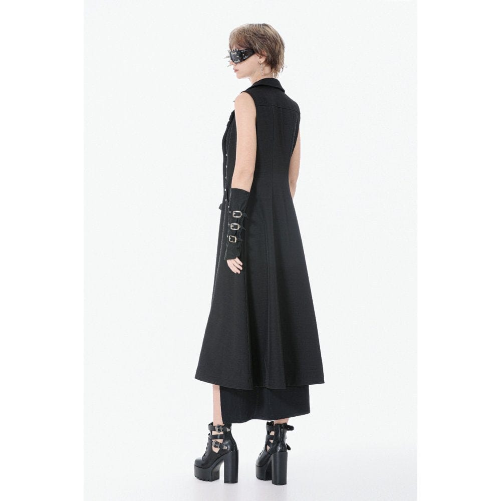 Darkinlove Women's Punk Rivets Lapel Sleeveless Long Coat